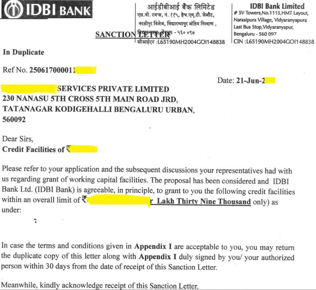 Sample bank fund sanction letter secured for a DSC Sign-registered startup client